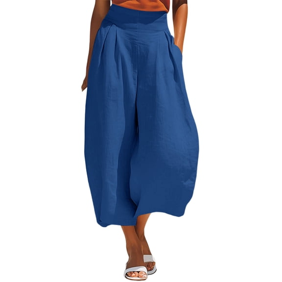 cocolona Womens Summer Casual Pleated Palazzo Pants Elastic Waist Straight Wide Leg Cropped Pants with Pockets