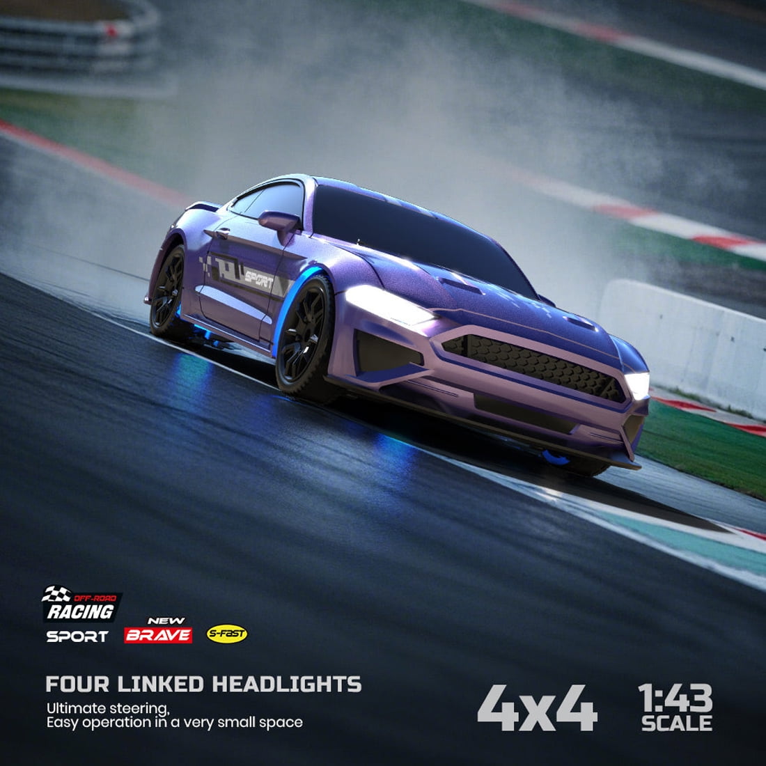 1/43 Scale 2.4G Full Proportional 4WD Mini RC Drift Car with LED Lights, 15KM/H High Speed Remote Control Racing Model, Desktop Drift Car for Adults and Hobbyists