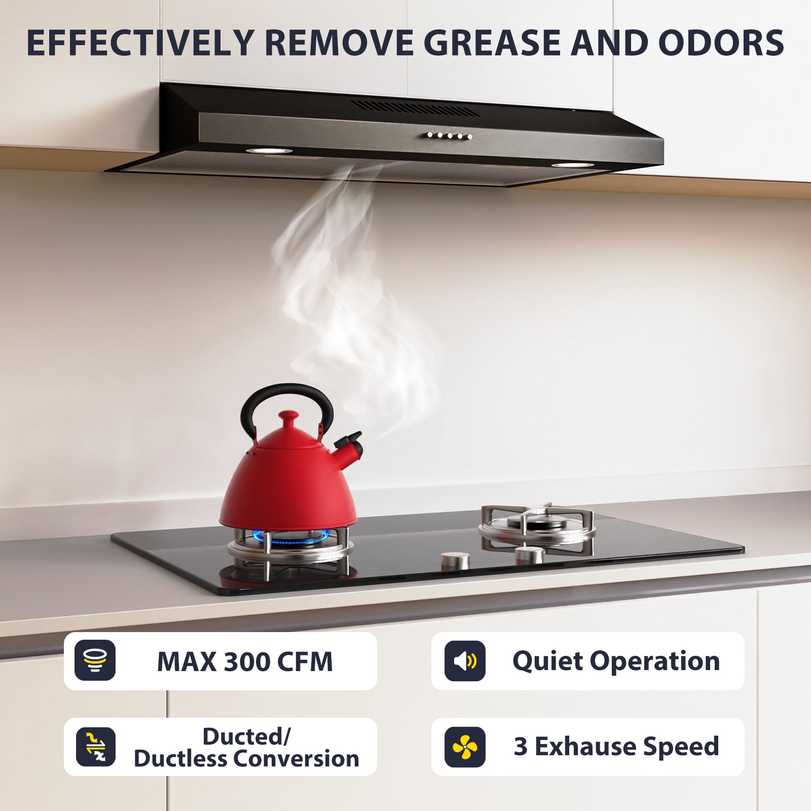 GRACEALL 30" Under Cabinet Range Hood Black, Ducted/Ductless Kitchen Hood, Campana Extractora para Cocina with Charcoal Filter