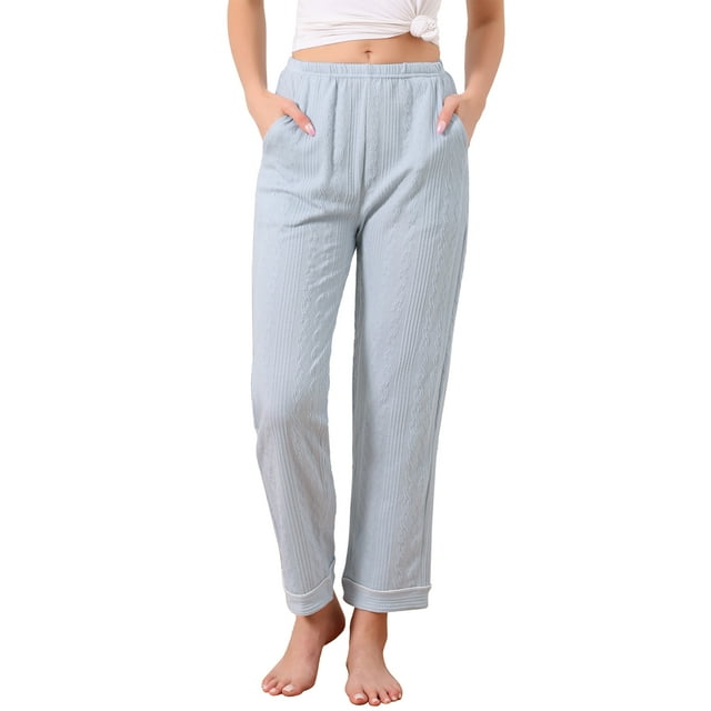 Pantalones de pijama para mujer INSPIRE CHIC de algodón de punto acanalado con cintura elástica, pierna recta y bolsillos, ropa de casa casual, M azul
