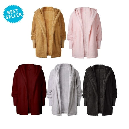Women's Petite Winter Coats Womens Fuzzy Casual Draped Open Front Cardigan Sherpa Fleece Jacket Warm Hooded Winter Coat Outwear ()