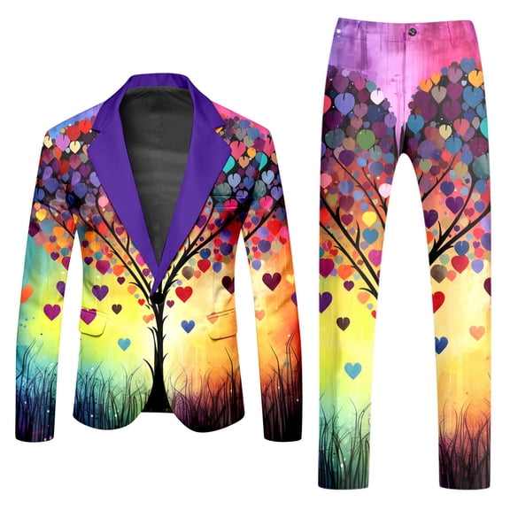 Valora Men Fahion Outfit Men's Suits Printed Rainbow Long Sleeve Coat and Pants TwoPiece Set for Holiday Parties and Events Yellow 2XL