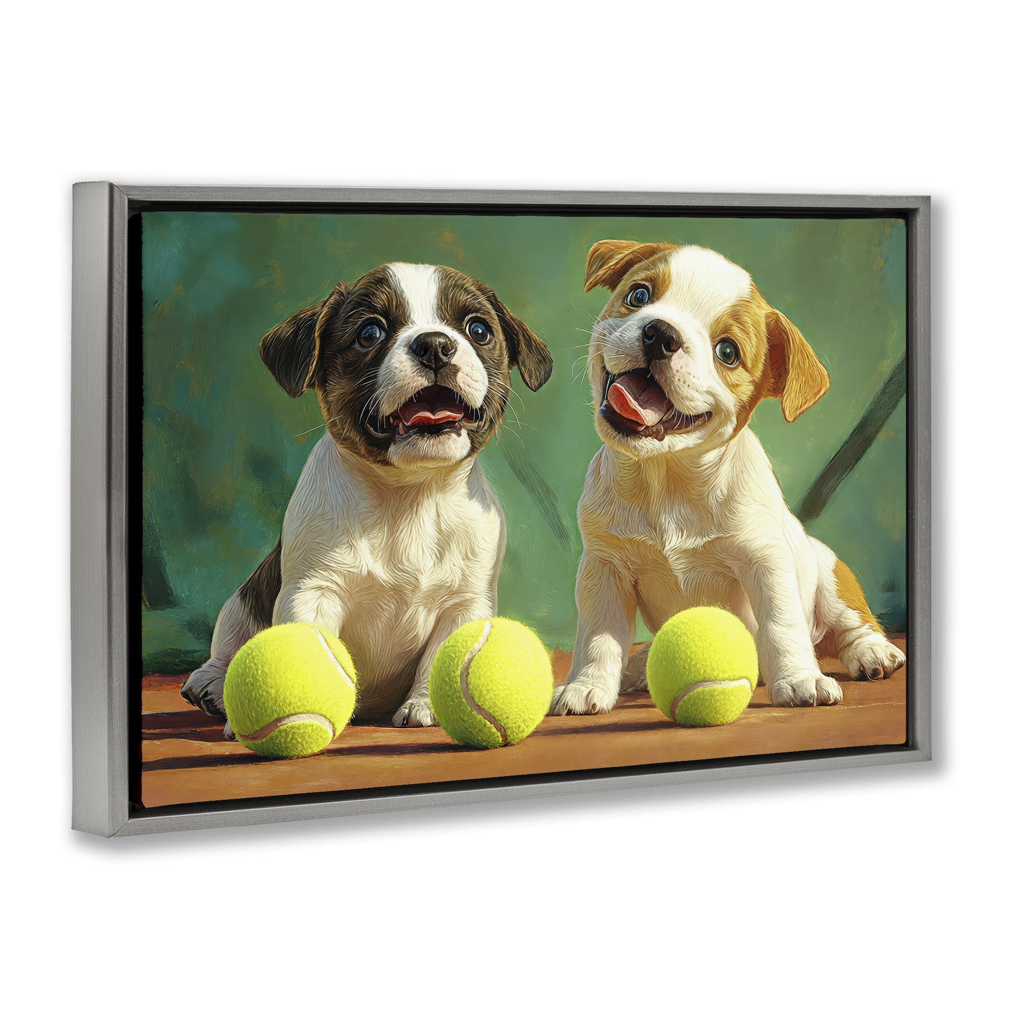 Stupell Industries Adorable Puppies with Tennis Balls Gray Framed Floater Canvas Wall Art, design by Imagine It Images