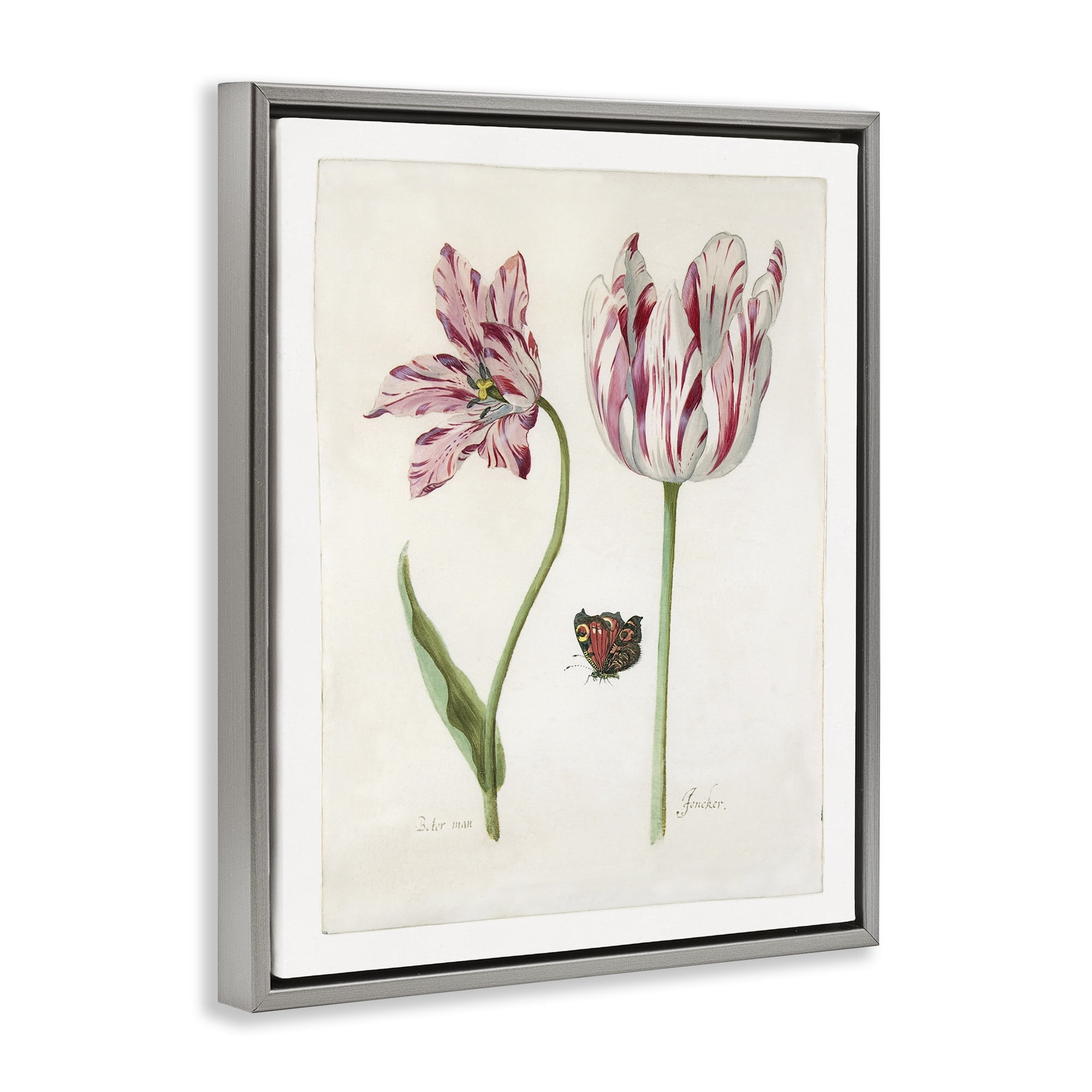 Stupell Industries Classic Tulip & Butterfly Plants & Flowers Painting Gray Floater Framed Canvas Art Print Wall Art, 25 x 31