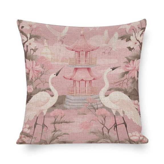 Decorative Square Pillowcase Cushion Case Asian Scenic Pink Pillow Cases Chinoiserie Light Pink Pagoda And Cranes Bed Pillows Decorative Gifts for Home Decor 16"x16"