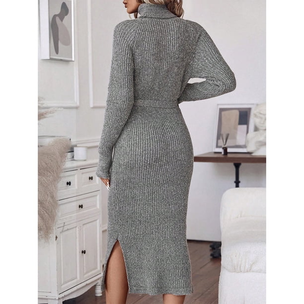 slimming winter dresses SOMER Dresses for Women Slimming Dresses Sweater Dress Long Sleeve Knit  High Neck Tie Waist Bodycon Midi 2025 Fall Winter