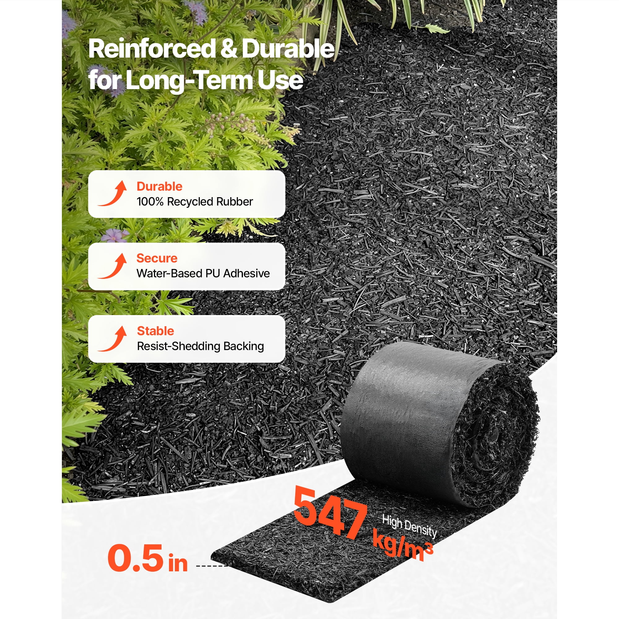 KFFKFF Recycled Rubber Mulch Mat Roll, 140 x 4.5 in, Durable Garden Edging Border with Stakes, Natural-Looking Flower Barrier, 0.5 in Thick, Cuttable for Landscaping