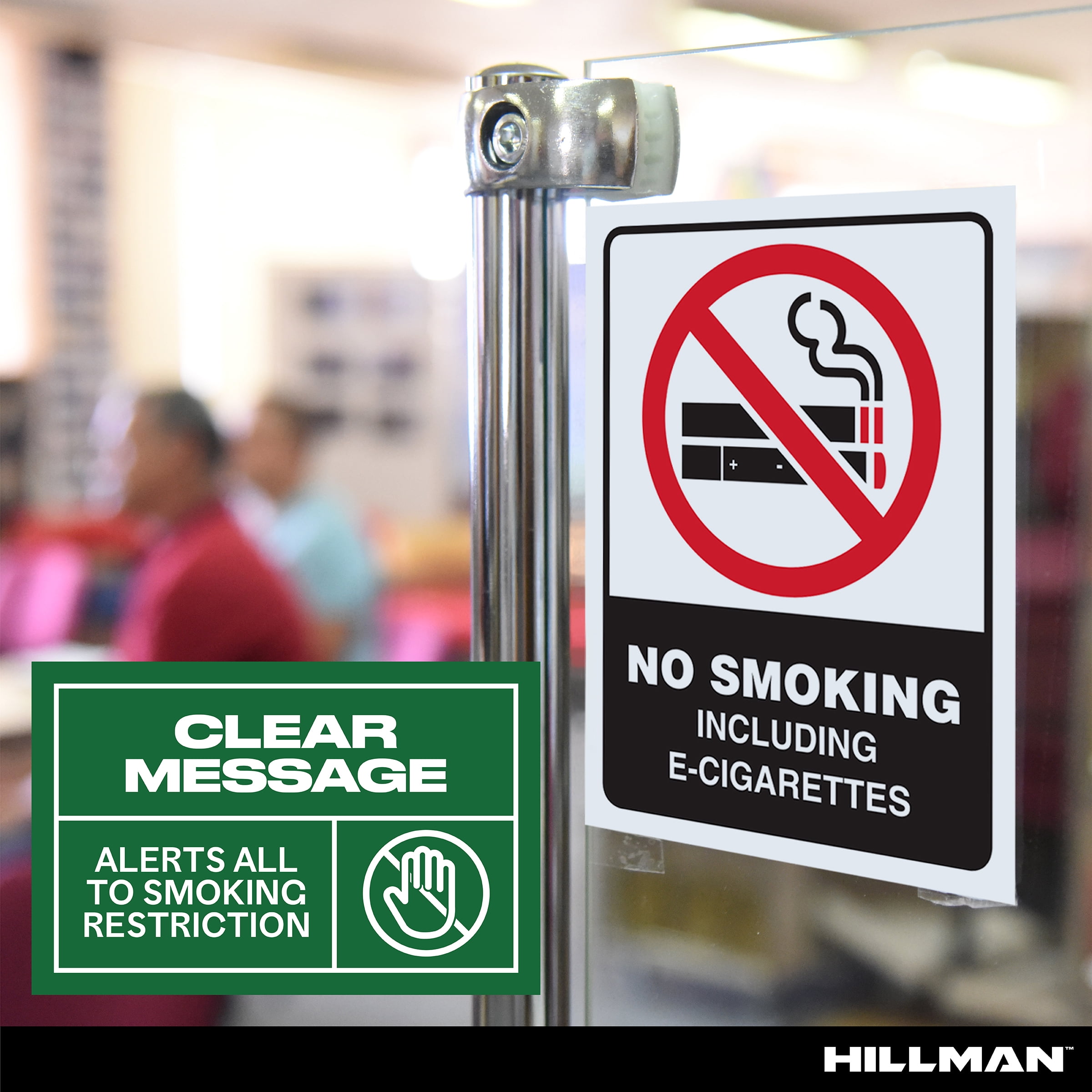 (3 pack) Hillman No Smoking or E-Cigs Sign with Symbol (4" x 6"), Vinyl, White, Black, and Red, 1 Sign