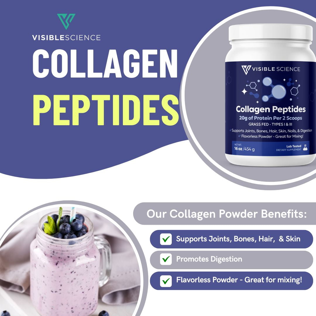 Visible Science Collagen Peptides Powder – Hydrolyzed Type I & III Collagen – Hair, Skin, Nail & Joint Support – Grass-Fed, Unflavored, 41 Servings (16 oz)