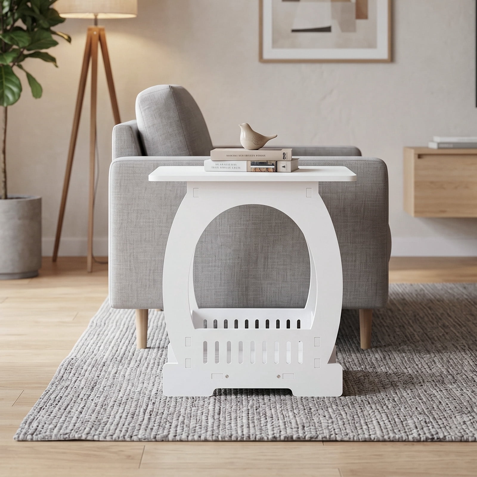 Side Table with Storage, Nightstand End Table for Small Spaces, Modern Arch Design Bedside Table for Indoor Outdoor, White
