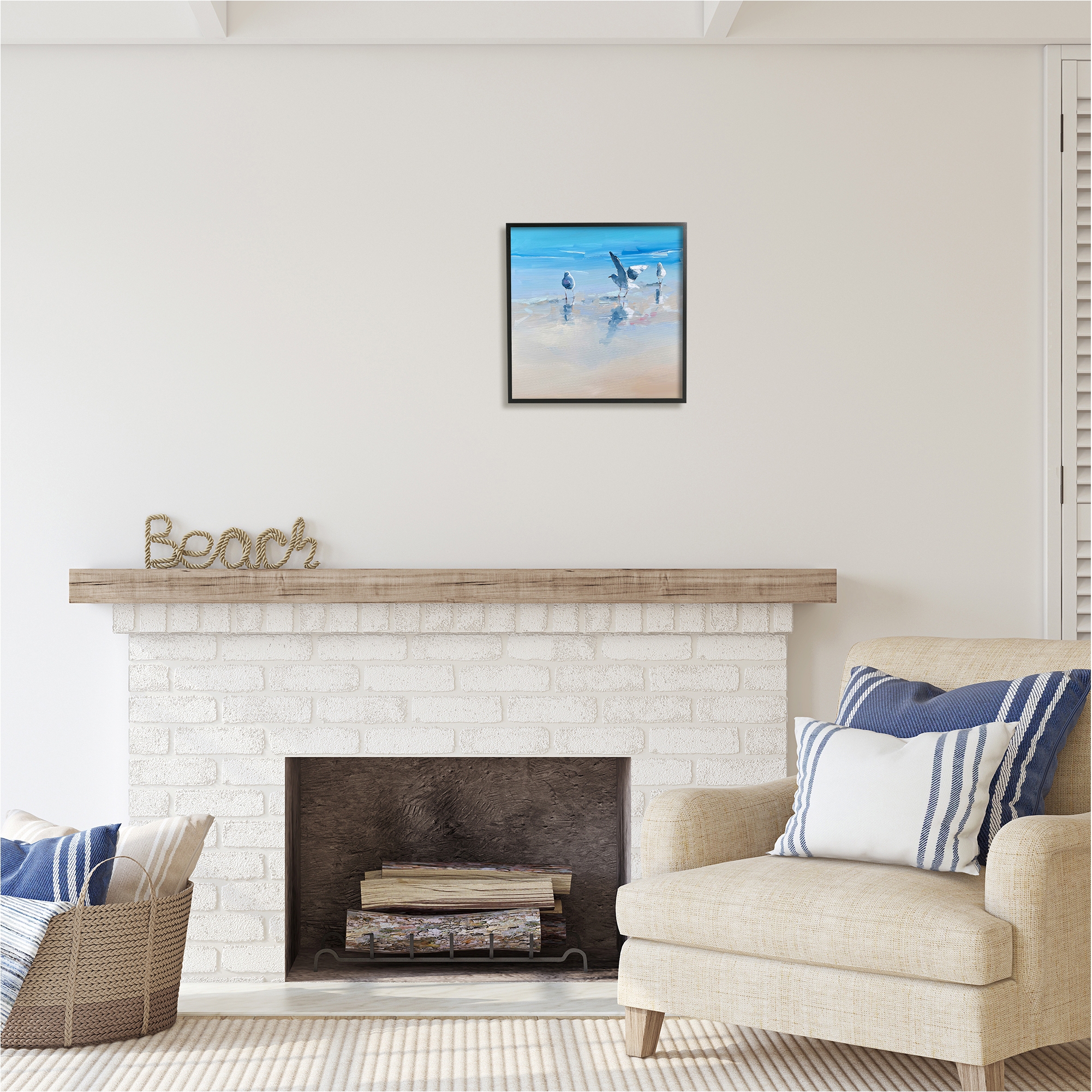 Stupell Industries Seagulls on Beach Painting Animals & Insects Painting Black Framed Art Print Wall Art, 17 x 17