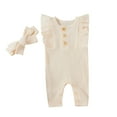 thumbnail image 3 of Odeerbi Infant Romper Baby Boys Girls Clothes Infant Sleeveless Solid Romper Ruffles Jumpsuit with Headbands Beige, 3 of 9