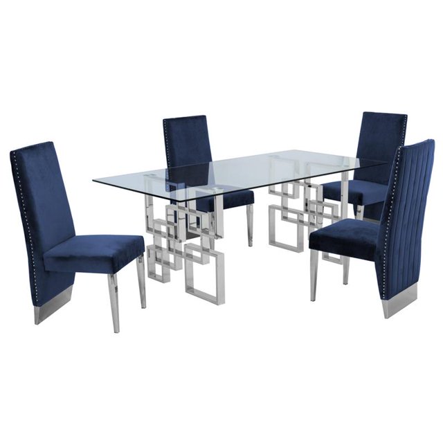 Rectangular Clear Glass 5pc Dining Set with Silver Stainless Steel Base