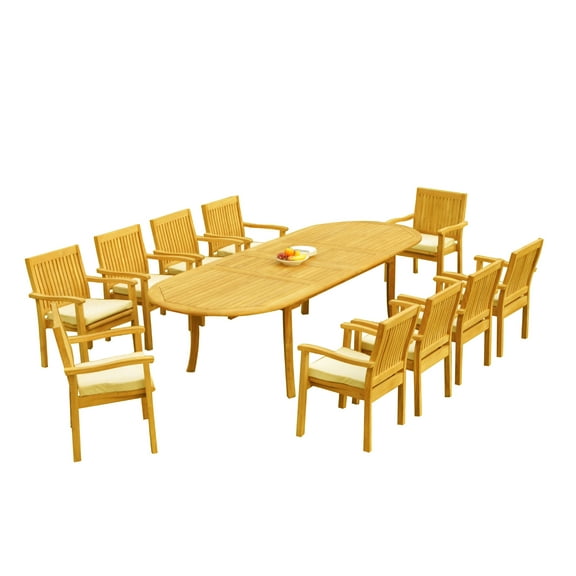 Grade-A Teak Dining Set: 10 Seater 11 Pc: 118" Oval Table And 10 Leveb Stacking Arm Chairs Outdoor Patio WholesaleTeak #51LV2611