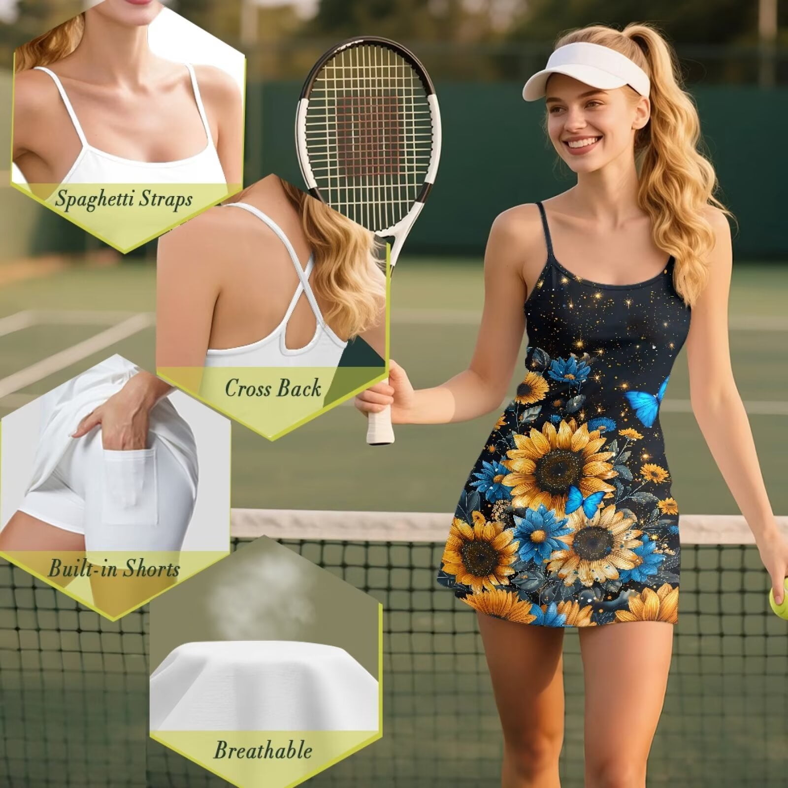 Yuyamidu Sunflowers Women's Athletic Tennis Dress with Built in Shorts, Blue Butterfly A-line Workout Exercise Active Golf Dresses Size XL