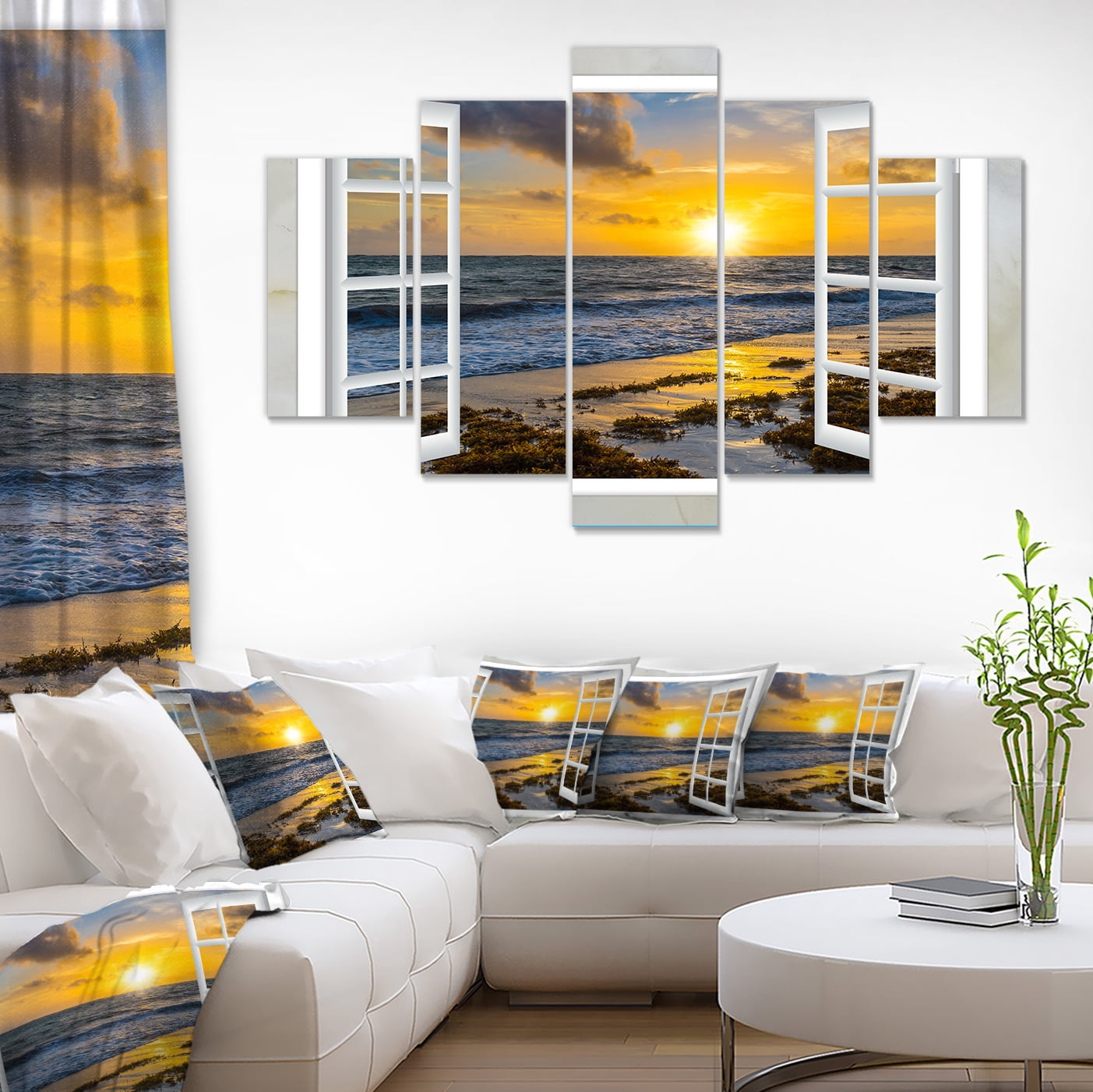 Designart 'Open Window to Bright Yellow Sunset ' Modern Seascape Canvas Artwork