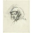 thumbnail image 2 of Moses ter Borch 12x14 Black Ornate Wood Framed Double Matted Museum Art Print Titled: Head of a Woman with a Headscarf, to the Left (C. 1660), 2 of 5
