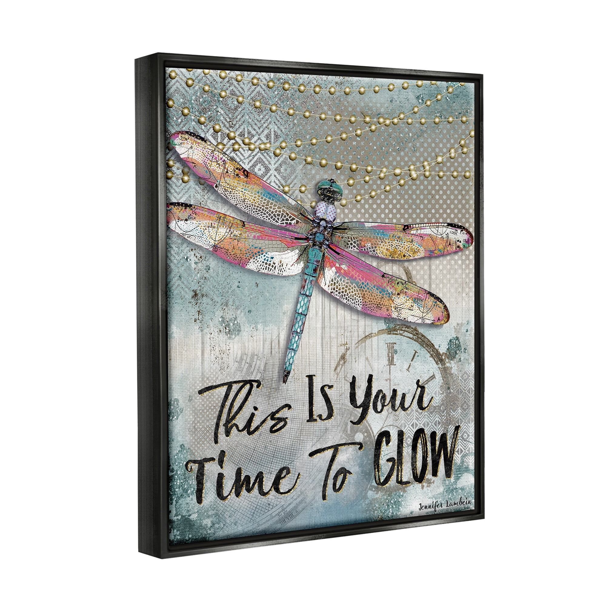 Stupell Industries Blue Lights This Is Your Time To Glow Inspirational Dragonfly Jet Black Framed Floating Canvas Wall Art, 24x30, by Jennifer Lambein