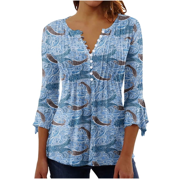 Blusa de verano para mujer con estampado de pliegues sexy y mangas 3/4 con cuello en V y botones OAVQHLG3B Store lin121212