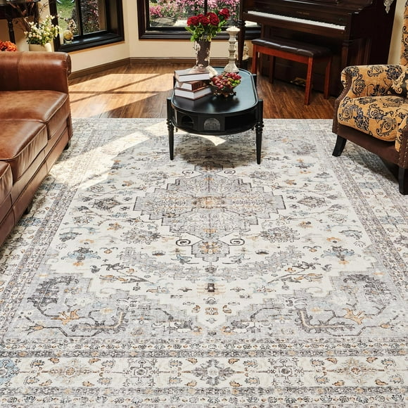 SHILIU-Area Rug for Living Room 8x10 Large Carpet-Machine Washable Vintage Traditional Rugs for Bedroom Dining Room Office Rug Non Slip Retro Grey & Blue