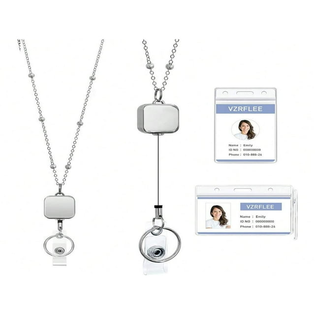 LNGOOR Retractable Badge Reel Lanyard With ID Card Holder ID Card Lanyard New Style Beaded Chain Premium Stainless Steel Lanyard Necklace For Key Office
