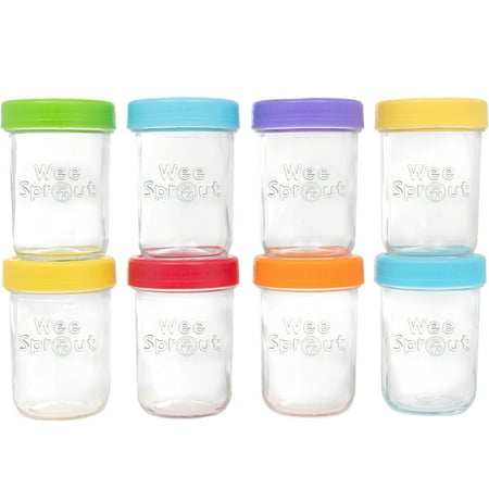 WeeSprout Glass Baby Food Storage Jars w/ Lids (8 oz, 8 Pack Set, Bright Variety)