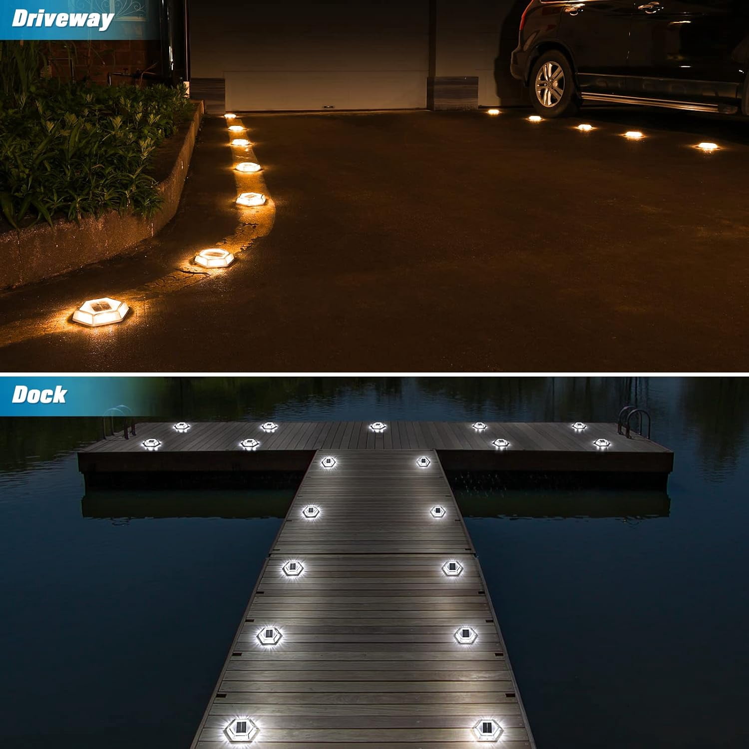 Solar Driveway Lights Dock Outdoor Waterproof Marker Lights,12 Pack Solar Deck Lights 2 Colors in 1 Led Wireless IP67,Solar Deck Lights for Sidewalk Pathway Yard(White/Warm White),Auto On/Off