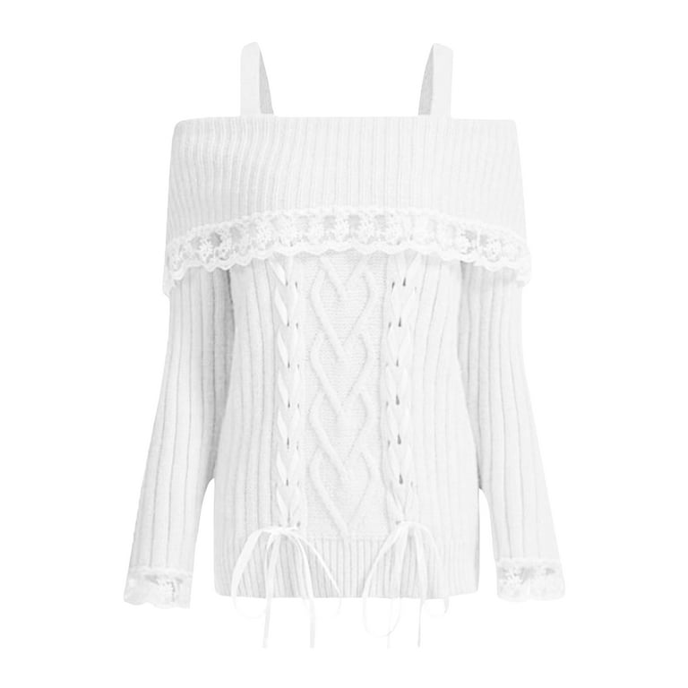 Womens Lace Trim Knit Sweaters Y2K Fairy Grunge Off Shoulder