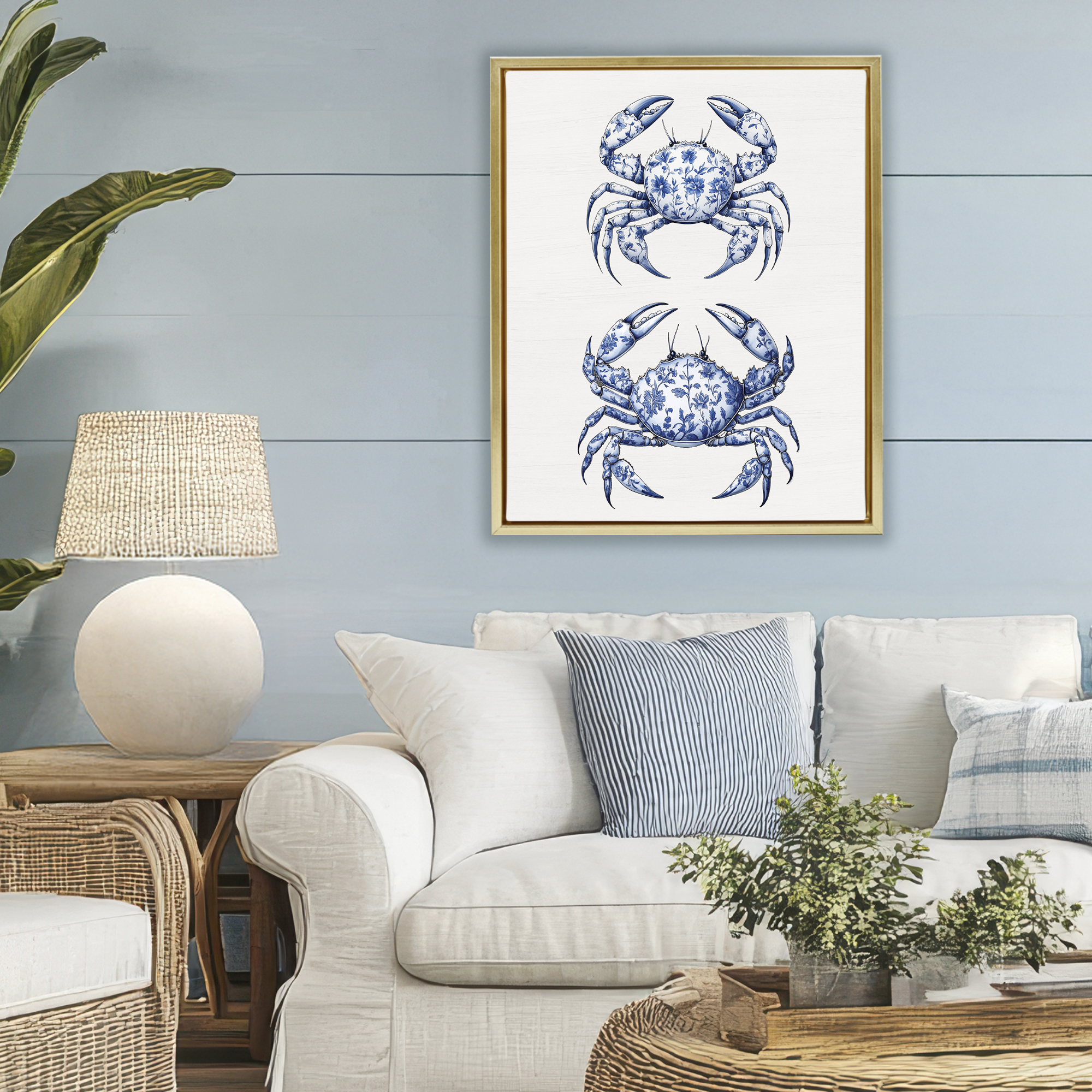 Vintage Toile Crabs Gold Framed Floater Canvas Wall Art, design by Lettered and Lined