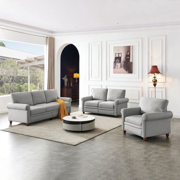 Onbeam Living Room Furniture Set, Storage 3 Seater Sofa Couch & Loveseat & Accent Chair, 82" Chesterfield Sofa for Home and Office - Gray