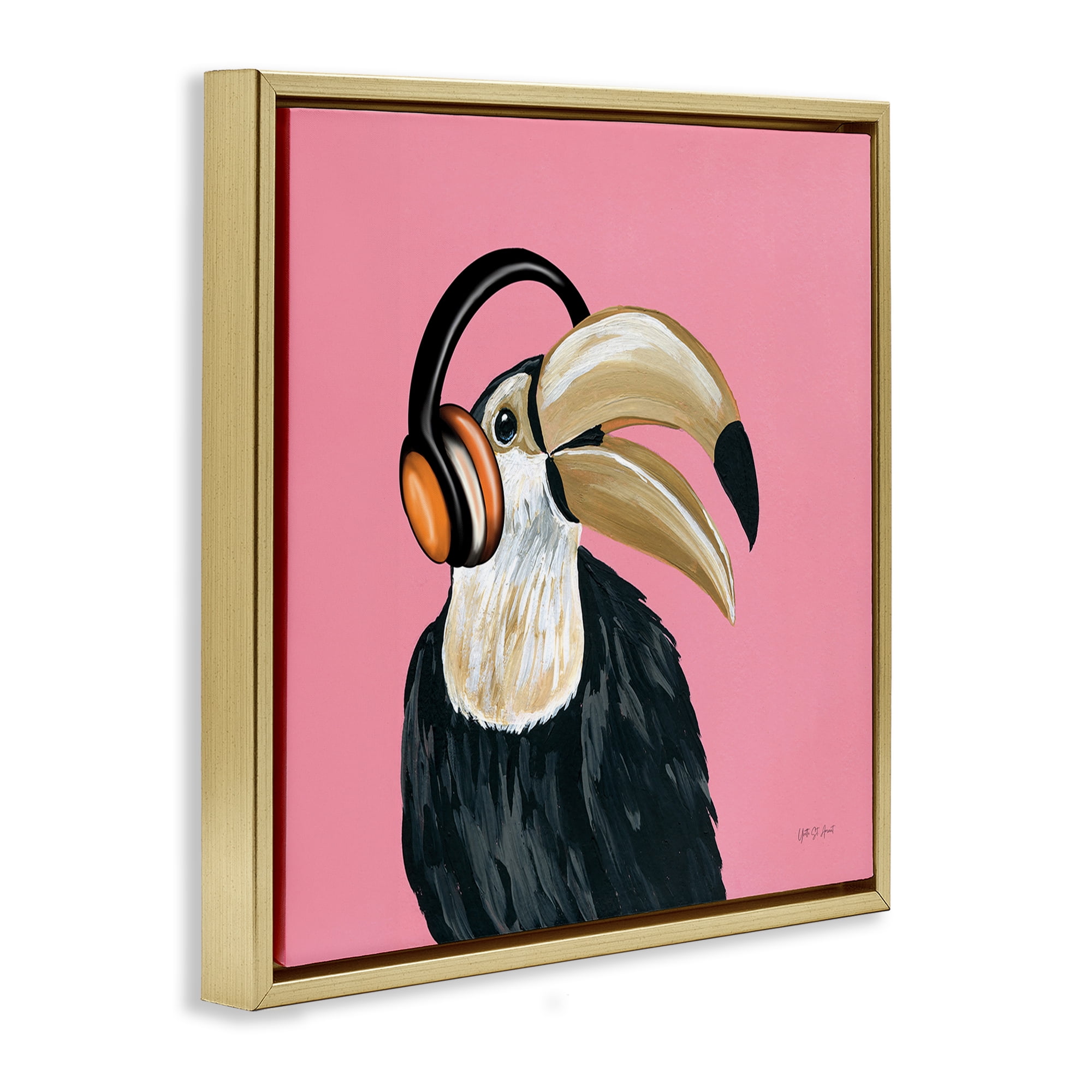 Stupell Industries Toucan with Headphones Entertainment Painting Gold Floater Framed Canvas Art Print Wall Art, 25 x 25