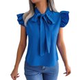 thumbnail image 1 of Blusas de gasa con cuello de pajarita de verano para mujer, camisas de manga con volantes elegantes de Color puro adelgazantes con cordones para mujer, azul M, 1 of 8