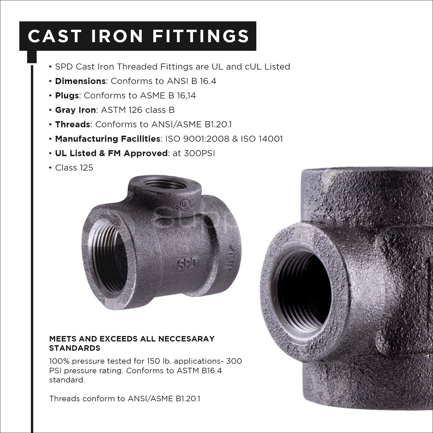Supply Giant 1-1/2" x 1-1/2" x 1" BLack Pipe Fitting Reducing Tee Cast Iron