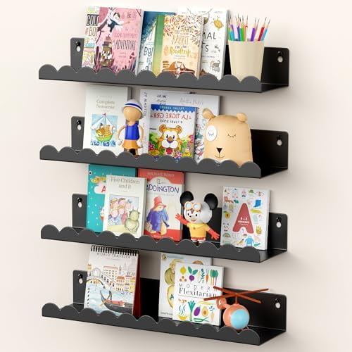 Nursery Book Shelves, 17 Inch Metal Floating Shelves for Wall 4 Pack, Scalloped Shelves, Wall Mounted Book Shelf for Kids Bedroom, Baby Room, Nursery Decor (Black)