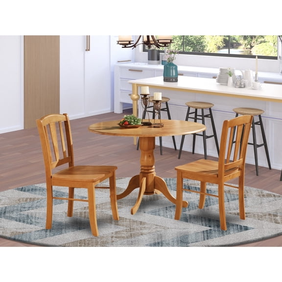 Round Dining Table Set - 3 Piece Small Space Table & Chairs - Oak Finish
