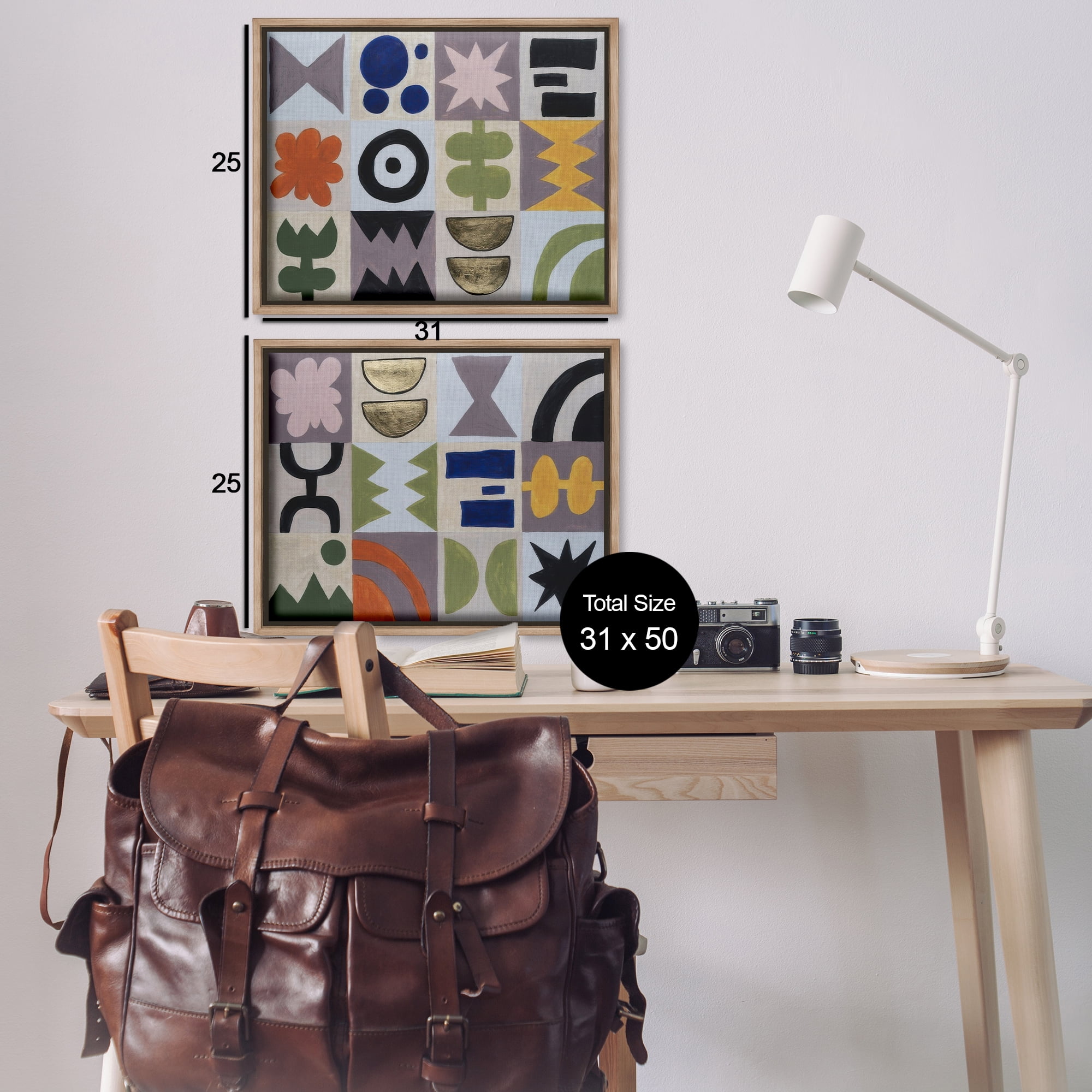 Stupell Industries Bohemian Shapes Squares Abstract Painting Brown Floater Framed Canvas Art Print Wall Art, 31 x 25, Set of 2
