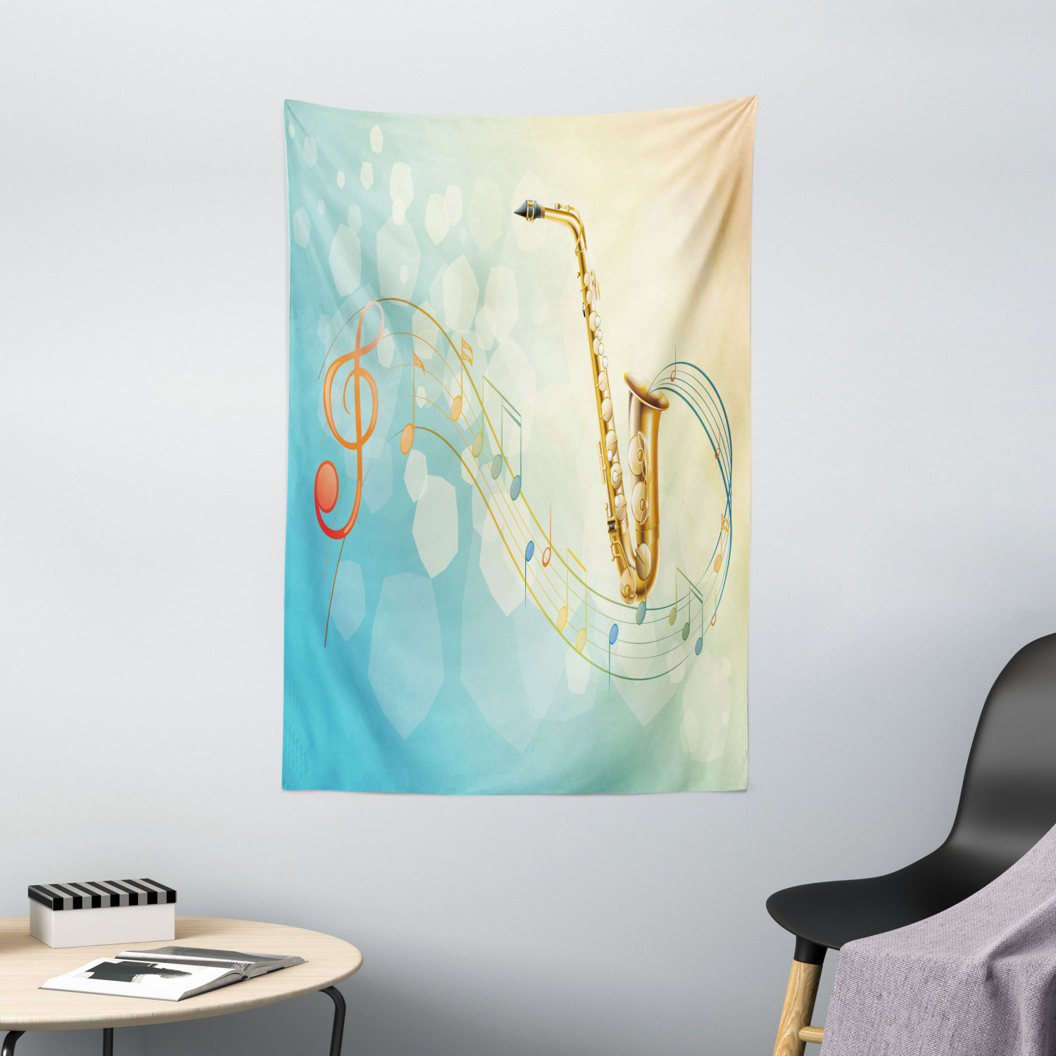 thumbnail image 1 of Music Tapestry, Colorful Music Notes Vibes from Saxophone Jazz Background Illustration Artwork Print, Wall Hanging for Bedroom Living Room Dorm Decor, 40W X 60L Inches, Multicolor, by Ambesonne, 1 of 2