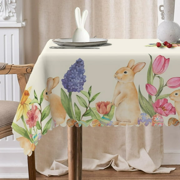 Mizhona Happy Easter Rectange Tablecloth Bunny with Floral Table Cloth for Dinning,Kitchen,Party,60" x 102"