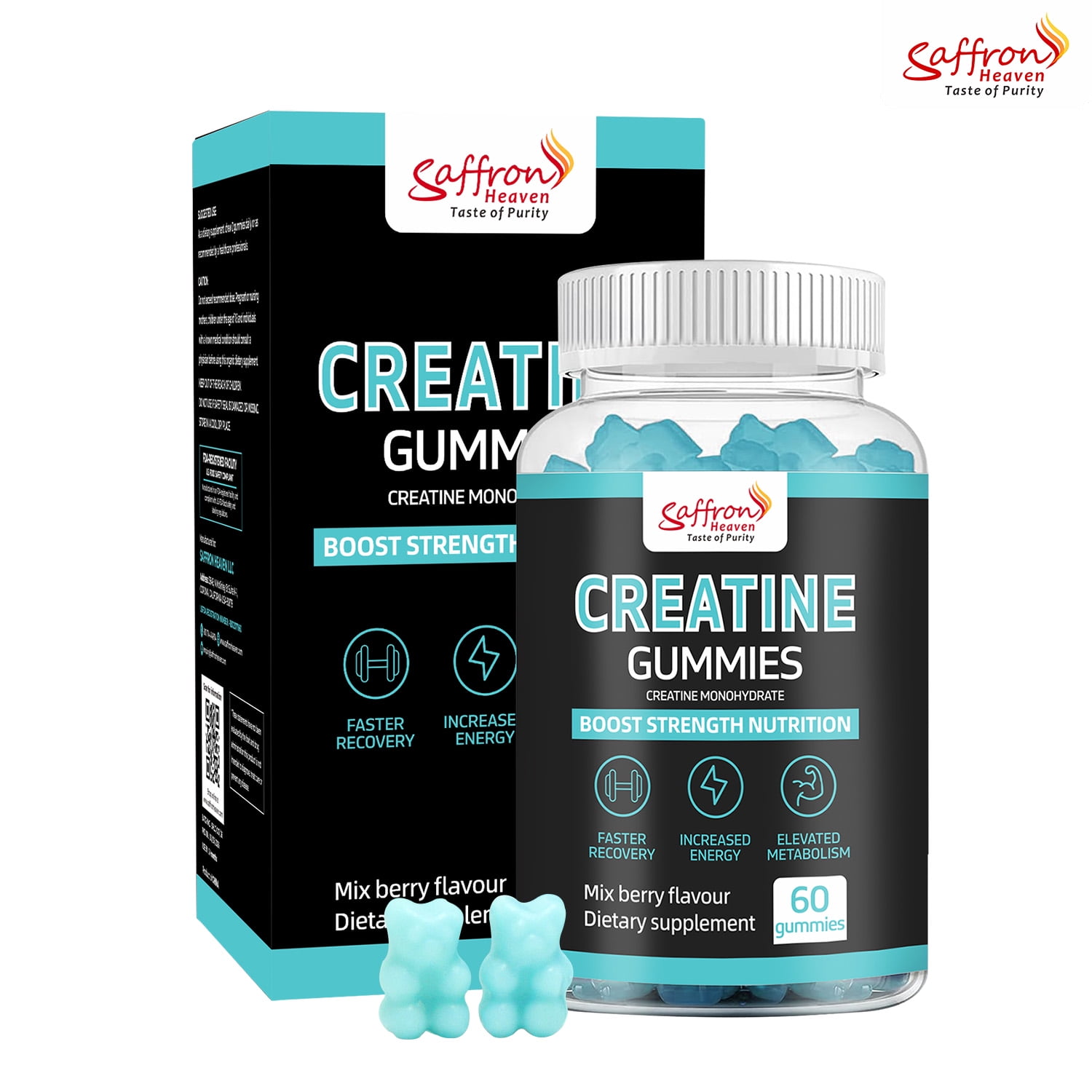 Saffron Heaven Creatine Monohydrate Gummies, Workout Supplement, Supports Strength & Exercise Performance, Delicious Berry Flavor, 60 Gummies