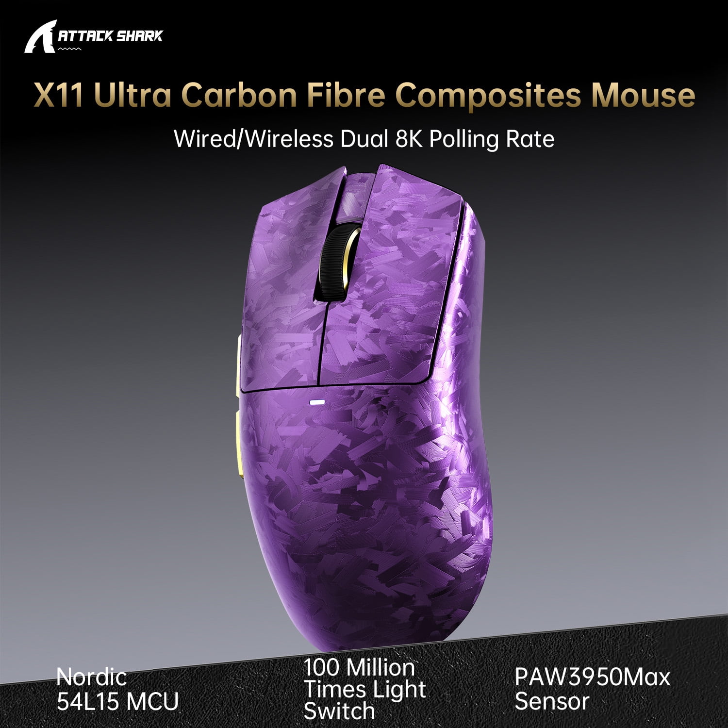 ATTACK SHARK X11 ULTRA Wireless Gaming Mouse, Tri-Mode 2.4G/BT/USB-C, PAW3950MAX, Dual 8K, 42000 DPI, PC/Mac Compatible, Purple