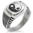 thumbnail image 1 of Stainless Steel Floral Yin Yang CZ Ribbed Needle Stripe Pattern Biker Style Polished Ring, 1 of 1