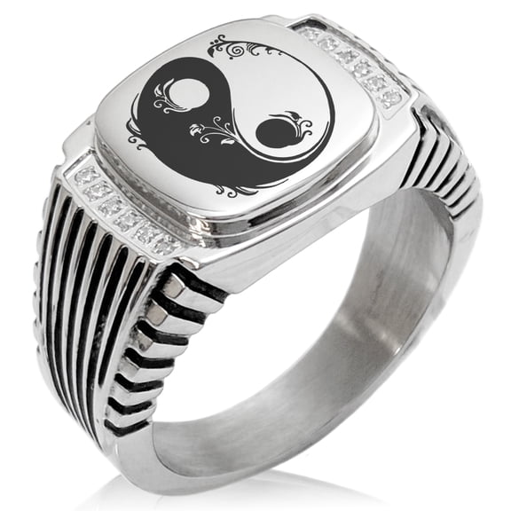 Stainless Steel Floral Yin Yang CZ Ribbed Needle Stripe Pattern Biker Style Polished Ring
