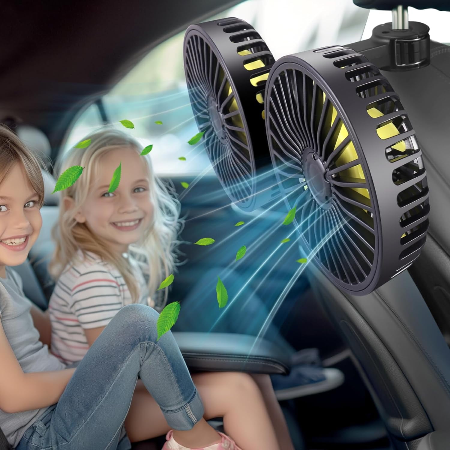 aomogo Dual Head Card Cooling Fan for Back Seat, Usb Powered 3 Speeds 12V Rotatable Car Seat Headrest Fan Car Accessories Cooler That Blow Cold Air for Sedan Suv Rv Truck