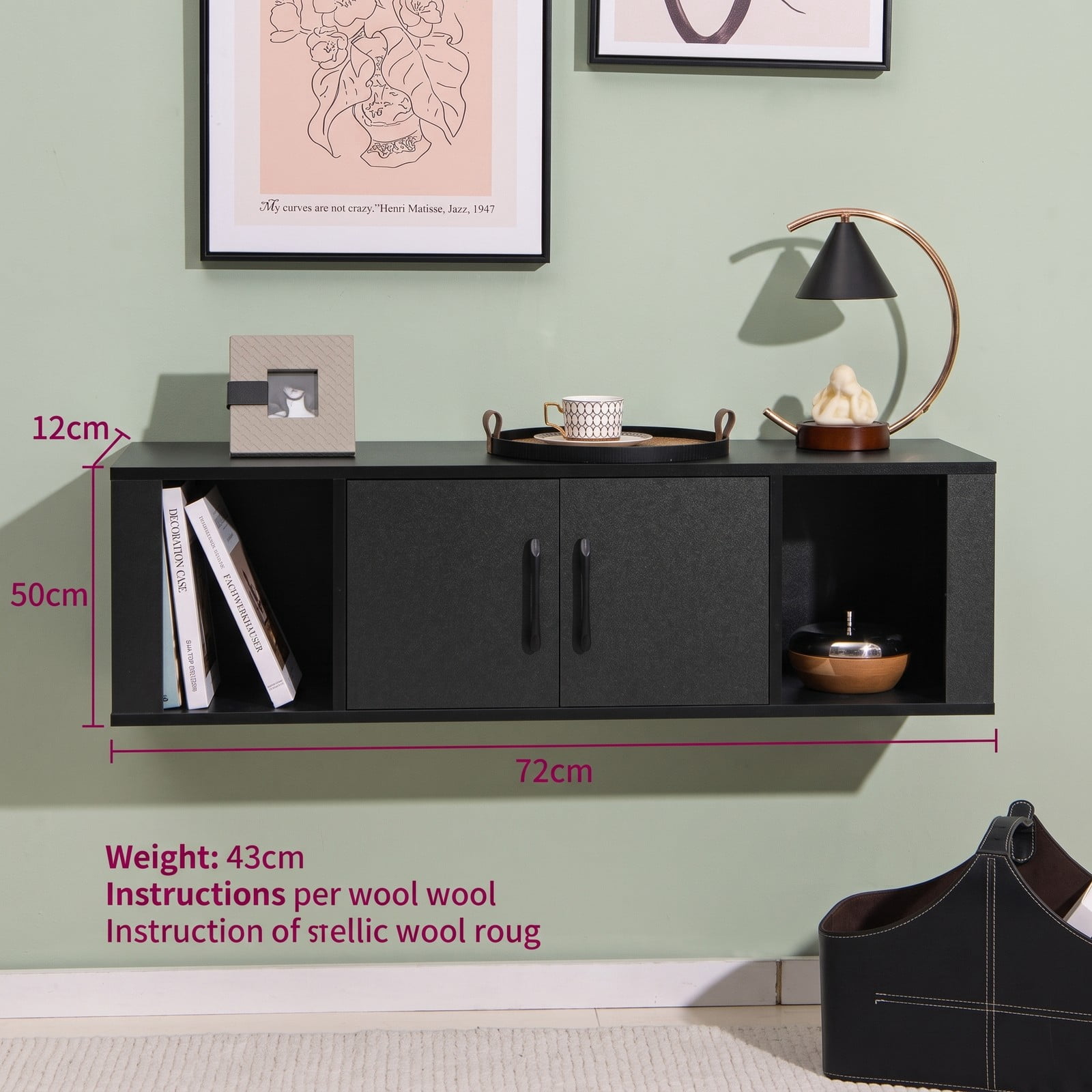Furnibear Wall Mounted Floating Storage Cabinet, 2 Door Hutch with Open Cube Shelves, Space-Saving Media Console Hanging Desk Wood Wall Shelf for Living Room, Black