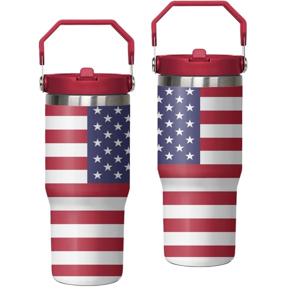30 oz American Flag 4th of July Tumbler with Handle and Flip Straw, Gifts For Memorial Day Veterans day Independence day, Patriots Coffee Mug Water Bottle, Labor Day Stainless Steel Insulated Cup