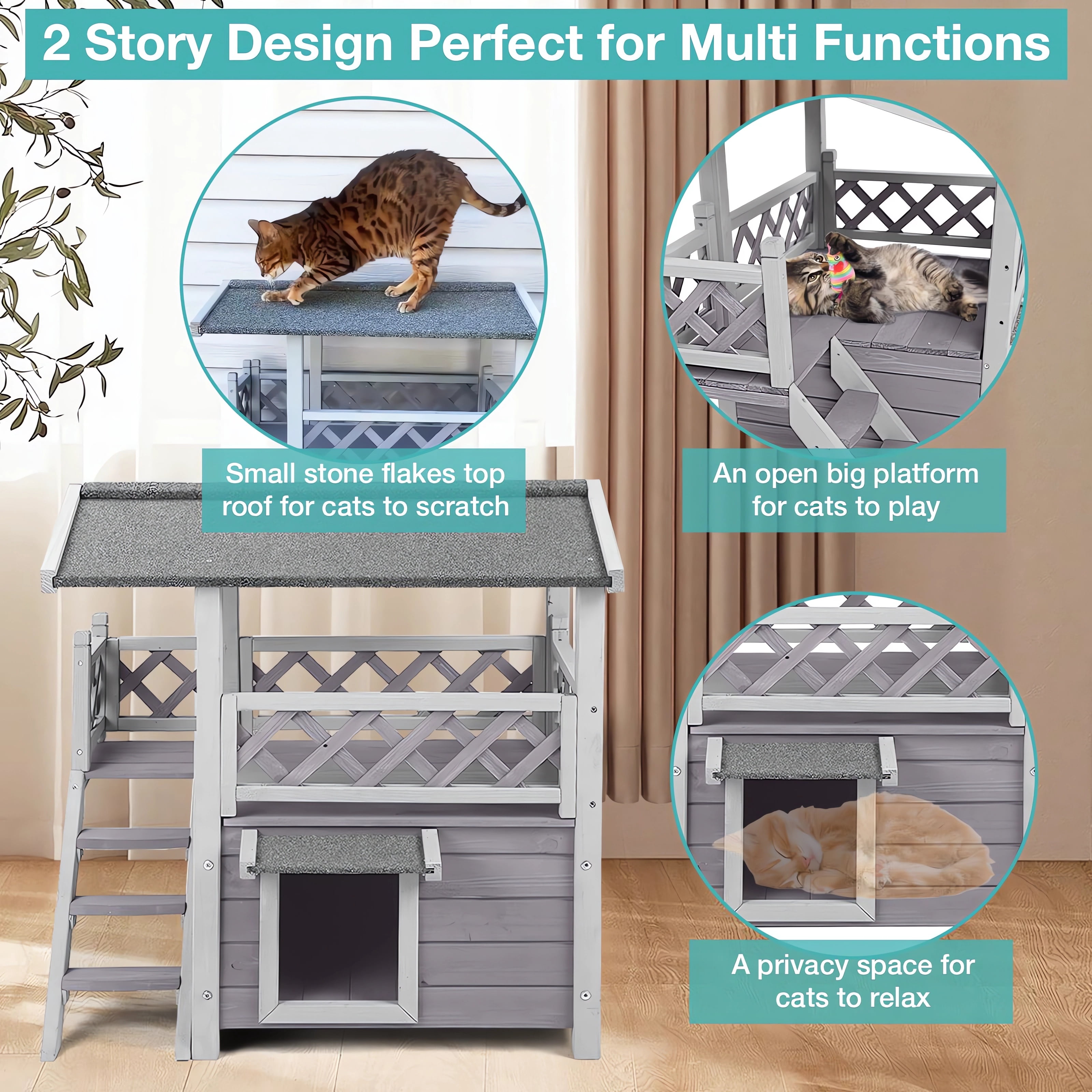 Aivituvin Feral Cat Shelter Outdoor Weatherproof Houses for Cats Two Story Wooden Cat House Outside Feral Cat House with Balcony Waterproof