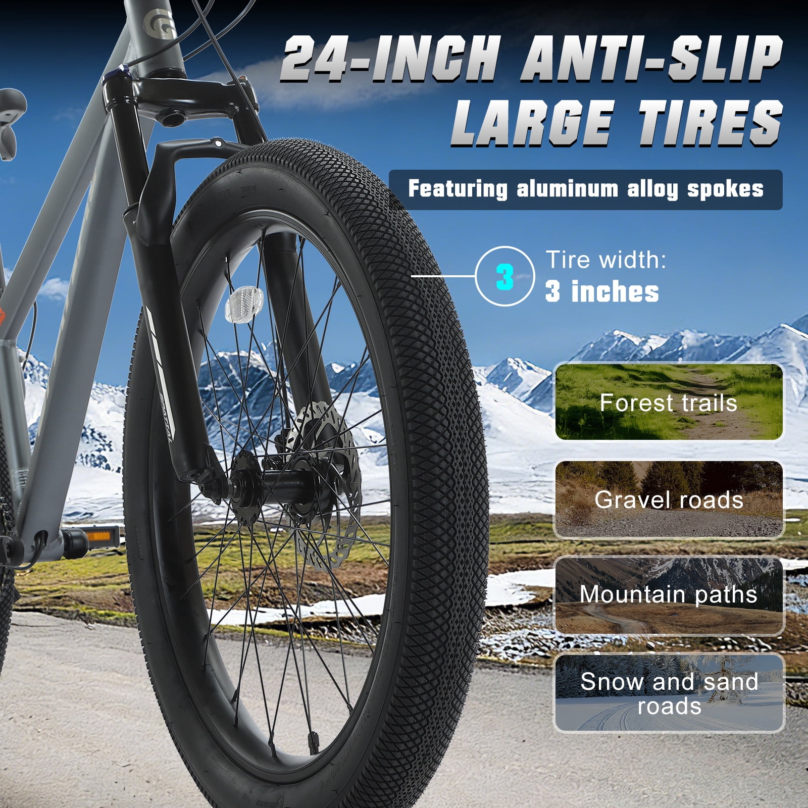 SPATIAL Pro Mountain Bike, 24 Inch Fat Bike for Man Women Teen, Outdoor Cycling Bicycle with 3.0-Inch Wide Tires, 8 Speed Drivetrain
