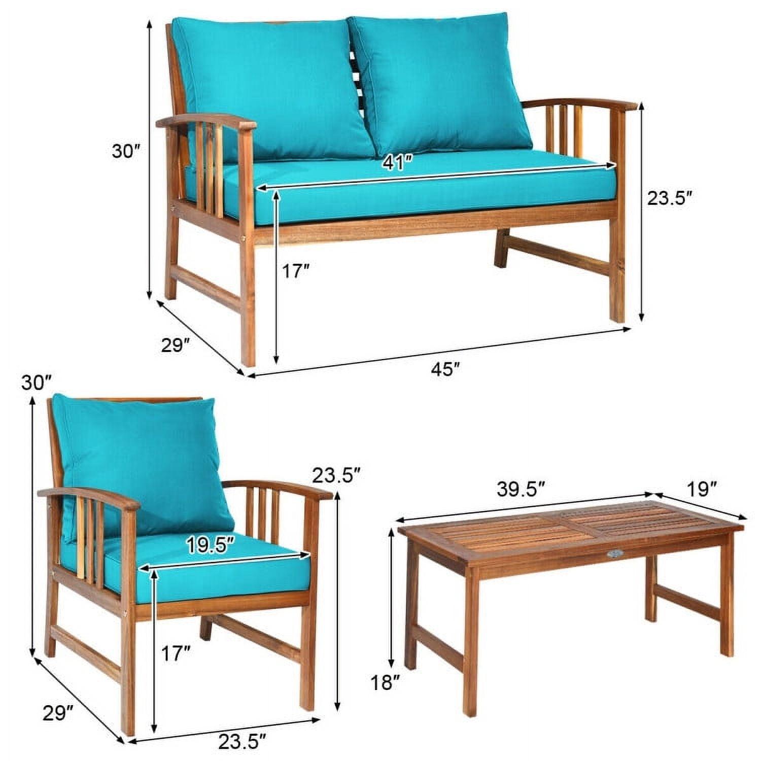 Aimee Lii 4 Pieces Wood Outdoor Furniture, Wooden Patio Furniture Set with Table, Sofa Chair, Cushioned, Turquoise Aimee Lii 4 Pieces Wood Outdoor Furniture, Wooden Patio Furniture Set with Table, Sofa Chair, Cushioned, Turquoise