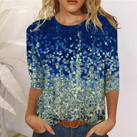 

SHUDAGENG Plus Size Tops for Womens 3/4 Sleeve Round Neckline Floral Chemise Blue XL