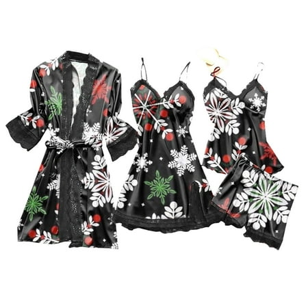 Odeerbi Sexy Lingerie for Women 2025 Christmas Silk Lace Robe Dress Babydoll Sleepwear Nightdress Pajamas Set Red